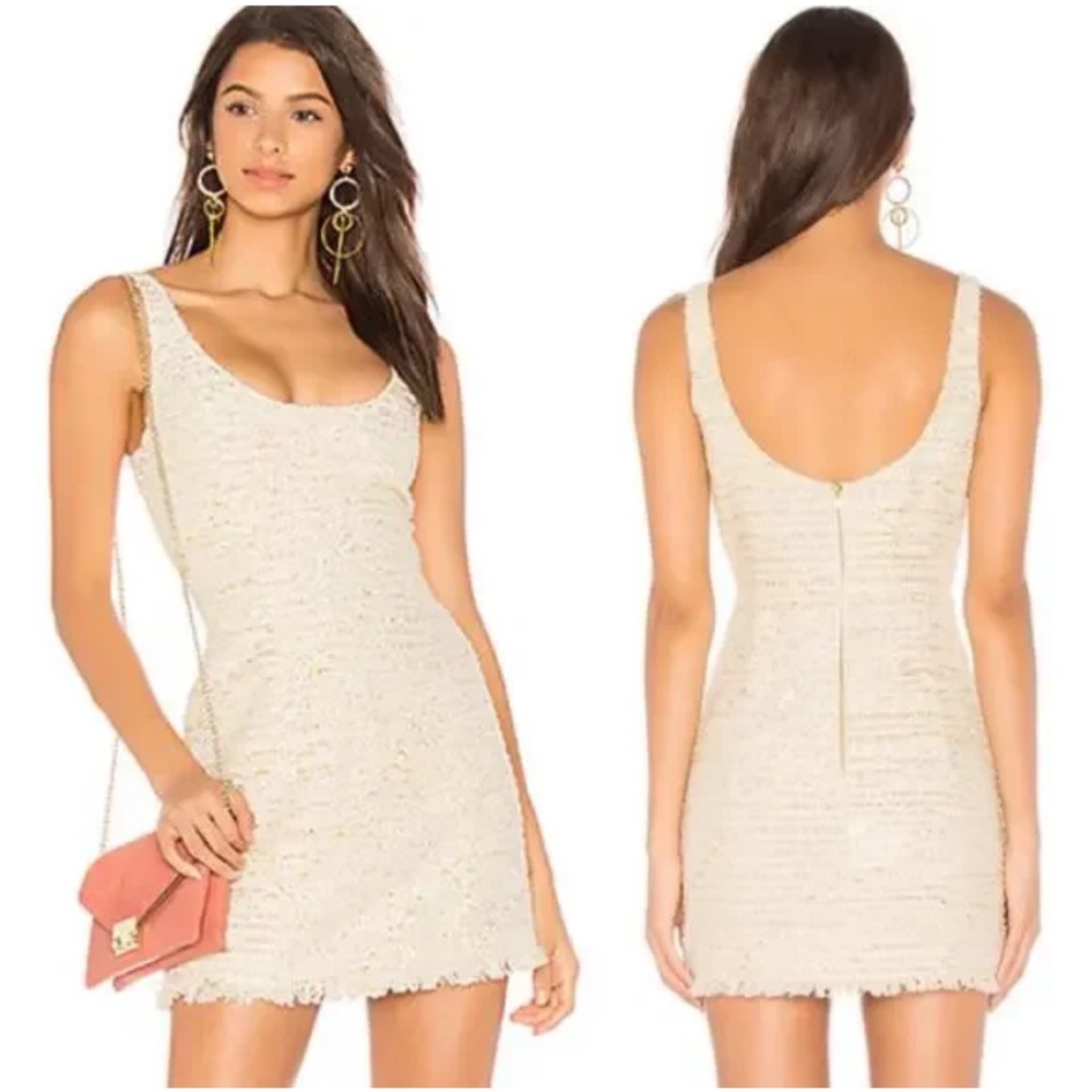 NBD Hendrix Mini Dress Metallic Tweed Bodycon Frayed Hem Ivory Gold Sz XL